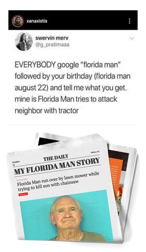 Strange News. Alligators, Drugs And Theft, Oh My! New List Shows Top 10 'Florida Man' Stories. Joshua James was charged with assault with a deadly weapon …